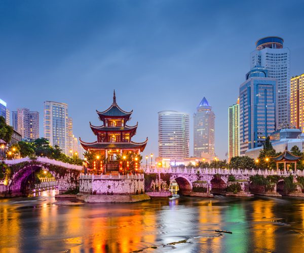 Guiyang, China skyline at Jiaxiu Pavilion on the Nanming River.