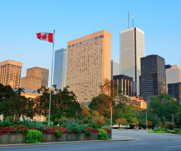 Toronto street view at dusk with urban buildings